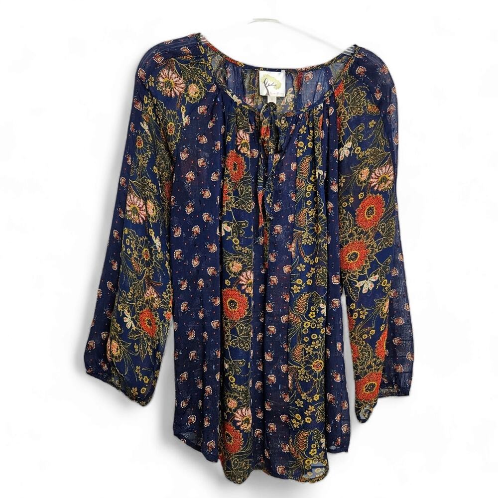 fig and flower Anthropologie Womens Sheer Floral Boho Peasant Blouse Top Size S